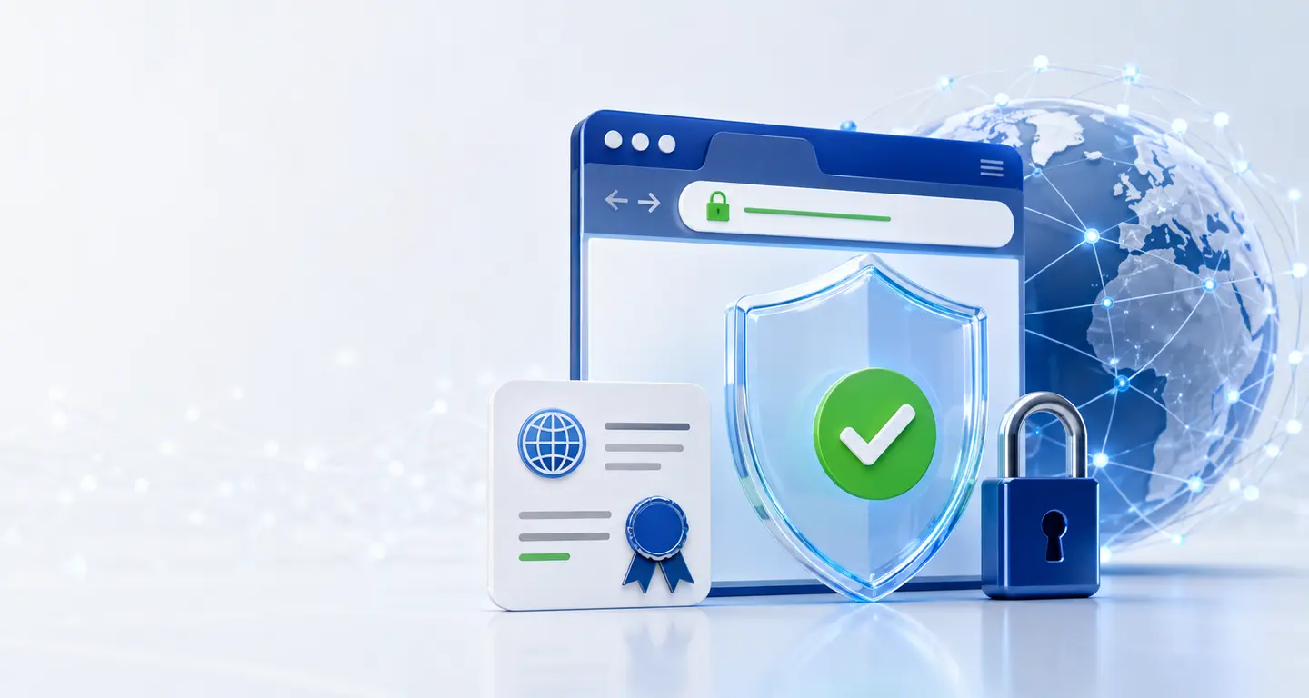 Secure verified website protected by a shield, SSL lock and connected globe